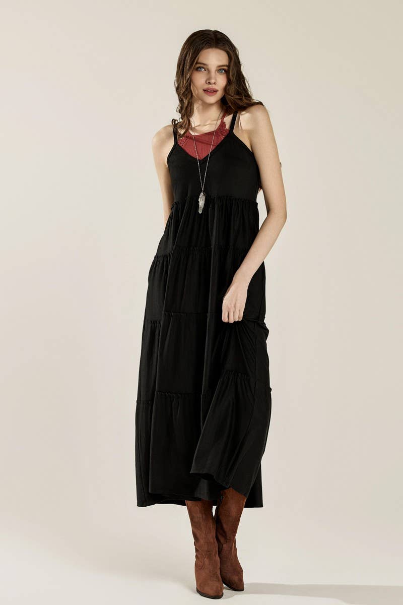Flowy V-neck Ruffle Tier Knit Maxi Dress