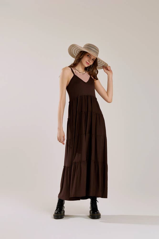 Flowy V-neck Ruffle Tier Knit Maxi Dress