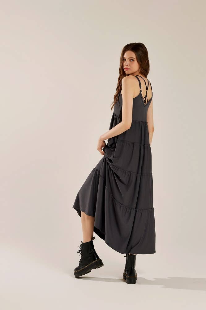 Flowy V-neck Ruffle Tier Knit Maxi Dress