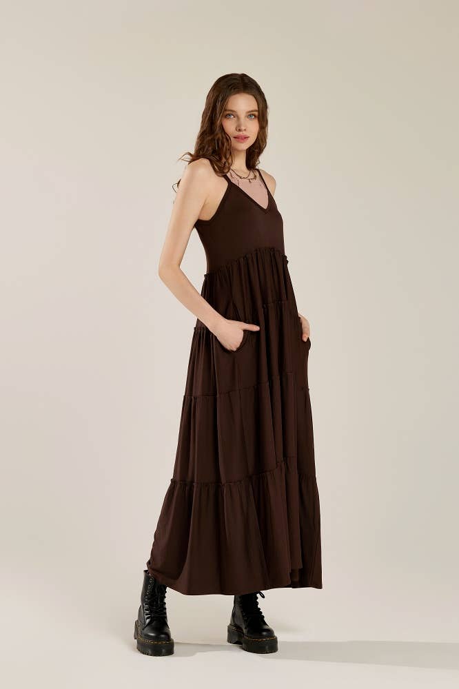 Flowy V-neck Ruffle Tier Knit Maxi Dress