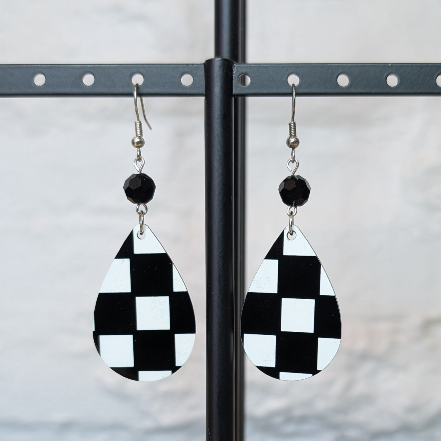 Black & White Checkered Teardrop Earrings