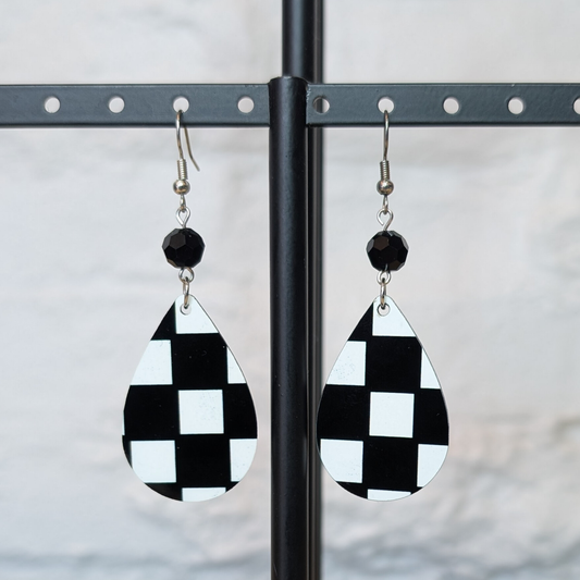 Black & White Checkered Teardrop Earrings