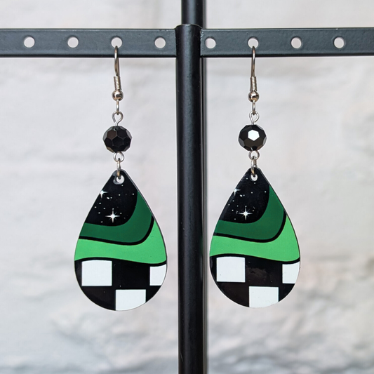 Green Wave Checkered Teardrop Earrings