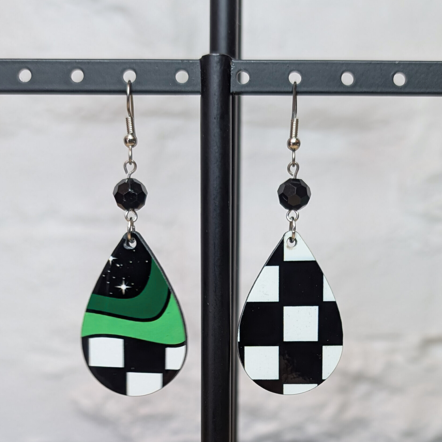 Green Wave Checkered Teardrop Earrings