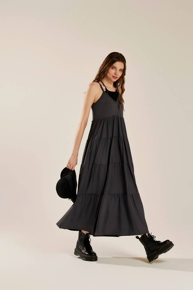 Flowy V-neck Ruffle Tier Knit Maxi Dress